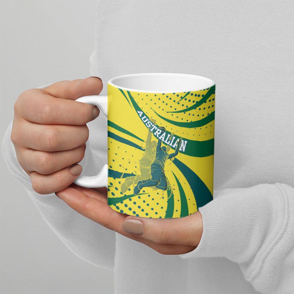 Australian Boomers Basketball Ceramic Mug Abstract Wave Halftone Pattern With Dynamic Athlete Silhouette