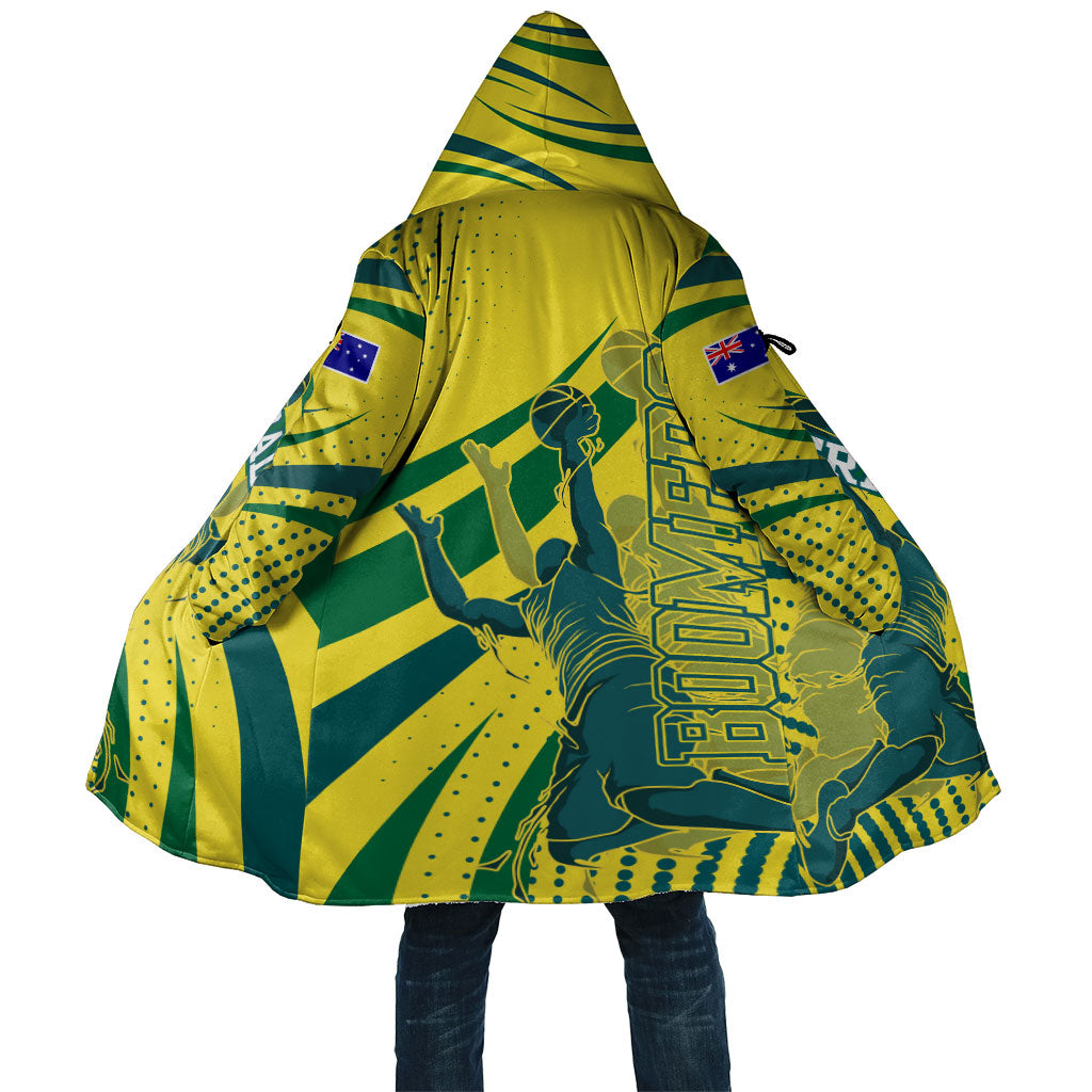 Australian Boomers Basketball Cloak Abstract Wave Halftone Pattern With Dynamic Athlete Silhouette