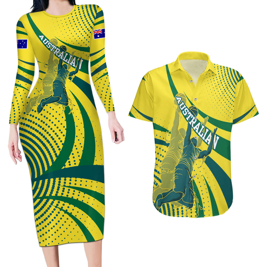 Australian Boomers Basketball Couples Matching Long Sleeve Bodycon Dress and Hawaiian Shirt Abstract Wave Halftone Pattern With Dynamic Athlete Silhouette