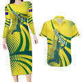 Australian Boomers Basketball Couples Matching Long Sleeve Bodycon Dress and Hawaiian Shirt Abstract Wave Halftone Pattern With Dynamic Athlete Silhouette
