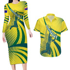 Australian Boomers Basketball Couples Matching Long Sleeve Bodycon Dress and Hawaiian Shirt Abstract Wave Halftone Pattern With Dynamic Athlete Silhouette