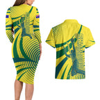 Australian Boomers Basketball Couples Matching Long Sleeve Bodycon Dress and Hawaiian Shirt Abstract Wave Halftone Pattern With Dynamic Athlete Silhouette