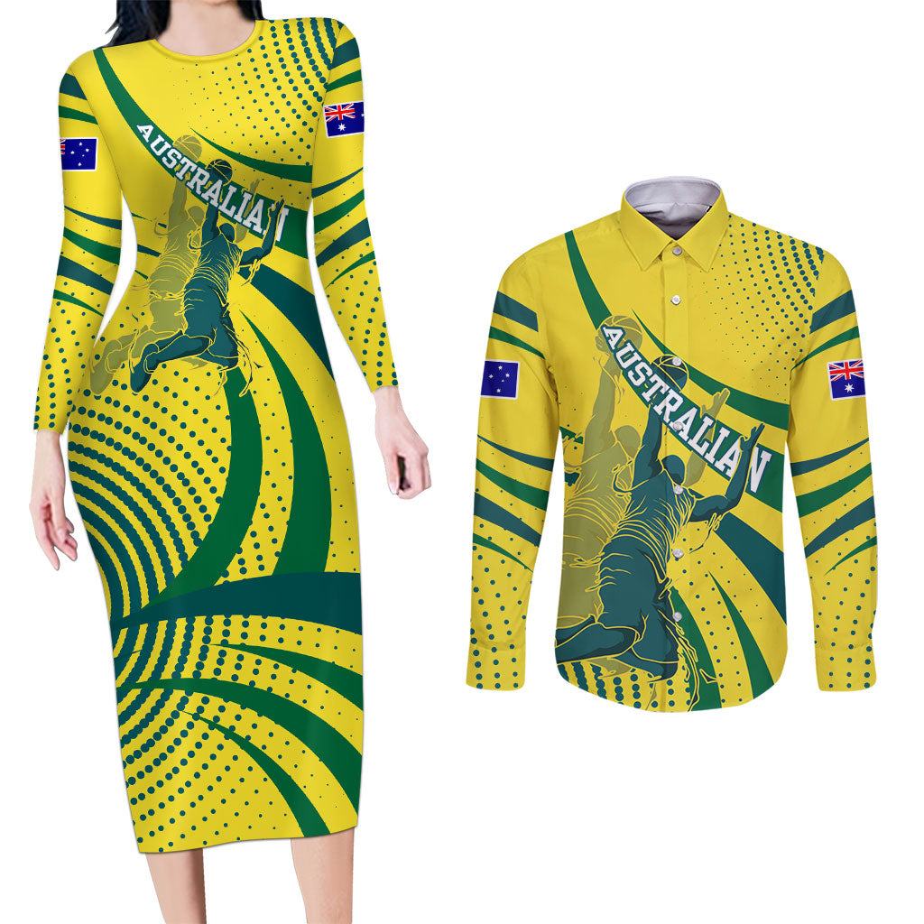 Australian Boomers Basketball Couples Matching Long Sleeve Bodycon Dress and Long Sleeve Button Shirt Abstract Wave Halftone Pattern With Dynamic Athlete Silhouette