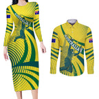 Australian Boomers Basketball Couples Matching Long Sleeve Bodycon Dress and Long Sleeve Button Shirt Abstract Wave Halftone Pattern With Dynamic Athlete Silhouette