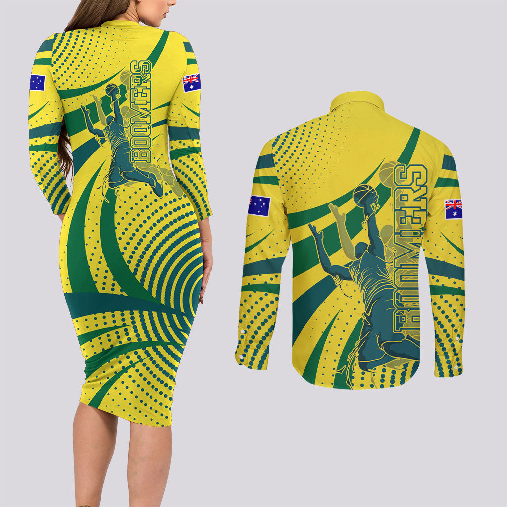 Australian Boomers Basketball Couples Matching Long Sleeve Bodycon Dress and Long Sleeve Button Shirt Abstract Wave Halftone Pattern With Dynamic Athlete Silhouette