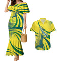 Australian Boomers Basketball Couples Matching Mermaid Dress and Hawaiian Shirt Abstract Wave Halftone Pattern With Dynamic Athlete Silhouette