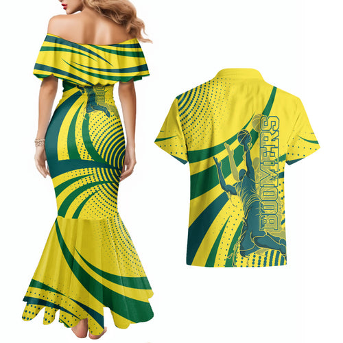 Australian Boomers Basketball Couples Matching Mermaid Dress and Hawaiian Shirt Abstract Wave Halftone Pattern With Dynamic Athlete Silhouette