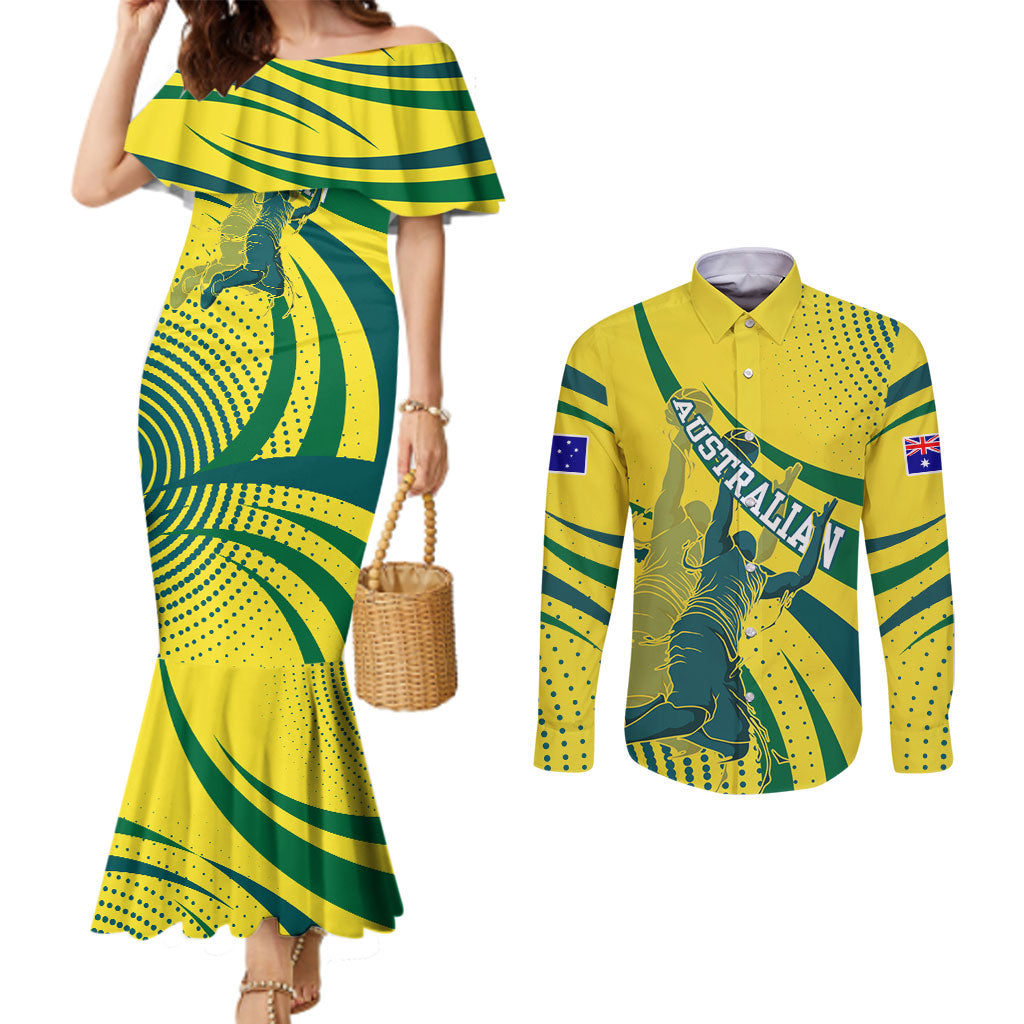 Australian Boomers Basketball Couples Matching Mermaid Dress and Long Sleeve Button Shirt Abstract Wave Halftone Pattern With Dynamic Athlete Silhouette