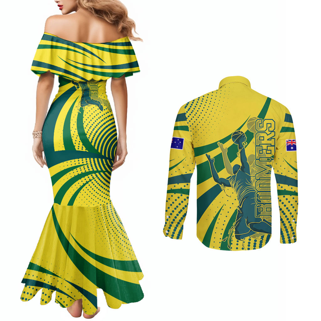 Australian Boomers Basketball Couples Matching Mermaid Dress and Long Sleeve Button Shirt Abstract Wave Halftone Pattern With Dynamic Athlete Silhouette