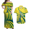 Australian Boomers Basketball Couples Matching Off Shoulder Maxi Dress and Hawaiian Shirt Abstract Wave Halftone Pattern With Dynamic Athlete Silhouette