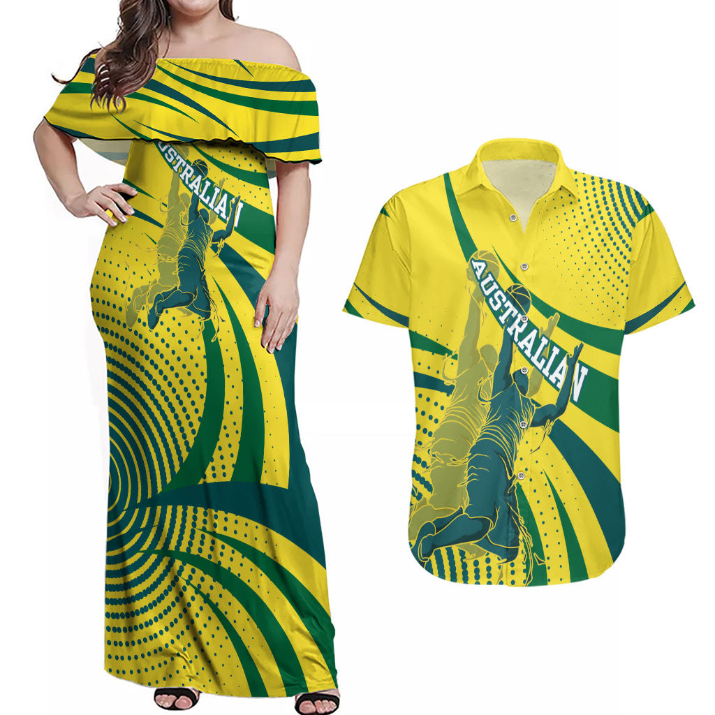 Australian Boomers Basketball Couples Matching Off Shoulder Maxi Dress and Hawaiian Shirt Abstract Wave Halftone Pattern With Dynamic Athlete Silhouette
