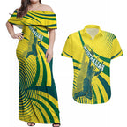 Australian Boomers Basketball Couples Matching Off Shoulder Maxi Dress and Hawaiian Shirt Abstract Wave Halftone Pattern With Dynamic Athlete Silhouette