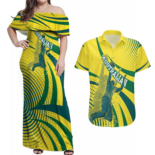 Australian Boomers Basketball Couples Matching Off Shoulder Maxi Dress and Hawaiian Shirt Abstract Wave Halftone Pattern With Dynamic Athlete Silhouette