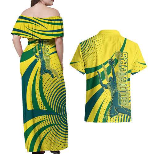 Australian Boomers Basketball Couples Matching Off Shoulder Maxi Dress and Hawaiian Shirt Abstract Wave Halftone Pattern With Dynamic Athlete Silhouette