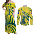 Australian Boomers Basketball Couples Matching Off Shoulder Maxi Dress and Long Sleeve Button Shirt Abstract Wave Halftone Pattern With Dynamic Athlete Silhouette