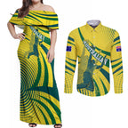Australian Boomers Basketball Couples Matching Off Shoulder Maxi Dress and Long Sleeve Button Shirt Abstract Wave Halftone Pattern With Dynamic Athlete Silhouette
