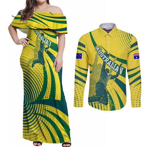 Australian Boomers Basketball Couples Matching Off Shoulder Maxi Dress and Long Sleeve Button Shirt Abstract Wave Halftone Pattern With Dynamic Athlete Silhouette