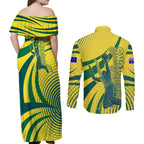 Australian Boomers Basketball Couples Matching Off Shoulder Maxi Dress and Long Sleeve Button Shirt Abstract Wave Halftone Pattern With Dynamic Athlete Silhouette
