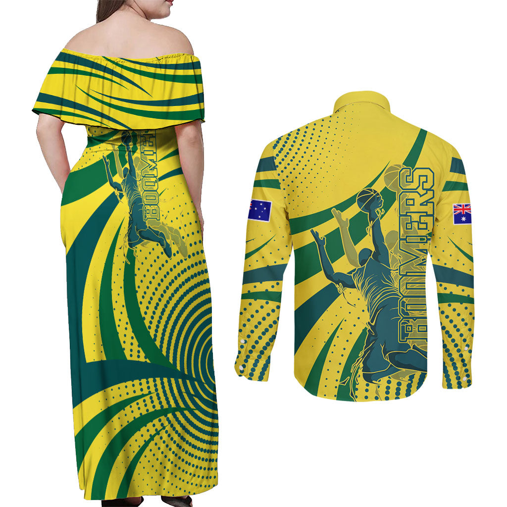 Australian Boomers Basketball Couples Matching Off Shoulder Maxi Dress and Long Sleeve Button Shirt Abstract Wave Halftone Pattern With Dynamic Athlete Silhouette