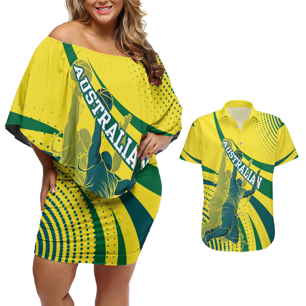 Australian Boomers Basketball Couples Matching Off Shoulder Short Dress and Hawaiian Shirt Abstract Wave Halftone Pattern With Dynamic Athlete Silhouette