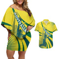 Australian Boomers Basketball Couples Matching Off Shoulder Short Dress and Hawaiian Shirt Abstract Wave Halftone Pattern With Dynamic Athlete Silhouette