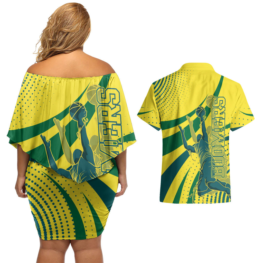 Australian Boomers Basketball Couples Matching Off Shoulder Short Dress and Hawaiian Shirt Abstract Wave Halftone Pattern With Dynamic Athlete Silhouette