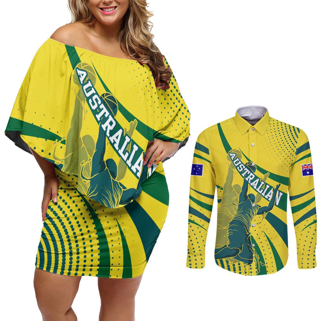 Australian Boomers Basketball Couples Matching Off Shoulder Short Dress and Long Sleeve Button Shirt Abstract Wave Halftone Pattern With Dynamic Athlete Silhouette