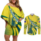 Australian Boomers Basketball Couples Matching Off Shoulder Short Dress and Long Sleeve Button Shirt Abstract Wave Halftone Pattern With Dynamic Athlete Silhouette