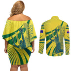 Australian Boomers Basketball Couples Matching Off Shoulder Short Dress and Long Sleeve Button Shirt Abstract Wave Halftone Pattern With Dynamic Athlete Silhouette