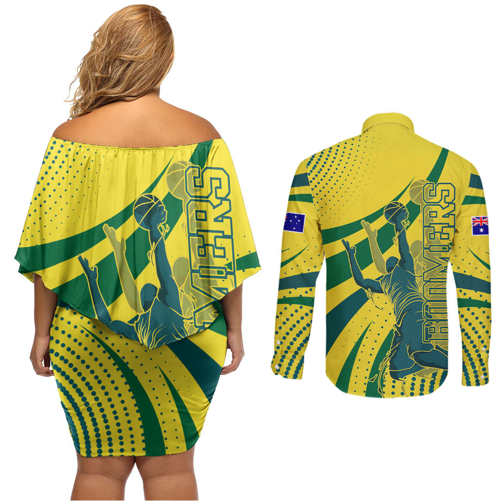 Australian Boomers Basketball Couples Matching Off Shoulder Short Dress and Long Sleeve Button Shirt Abstract Wave Halftone Pattern With Dynamic Athlete Silhouette