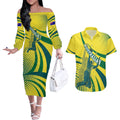 Australian Boomers Basketball Couples Matching Off The Shoulder Long Sleeve Dress and Hawaiian Shirt Abstract Wave Halftone Pattern With Dynamic Athlete Silhouette