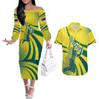 Australian Boomers Basketball Couples Matching Off The Shoulder Long Sleeve Dress and Hawaiian Shirt Abstract Wave Halftone Pattern With Dynamic Athlete Silhouette