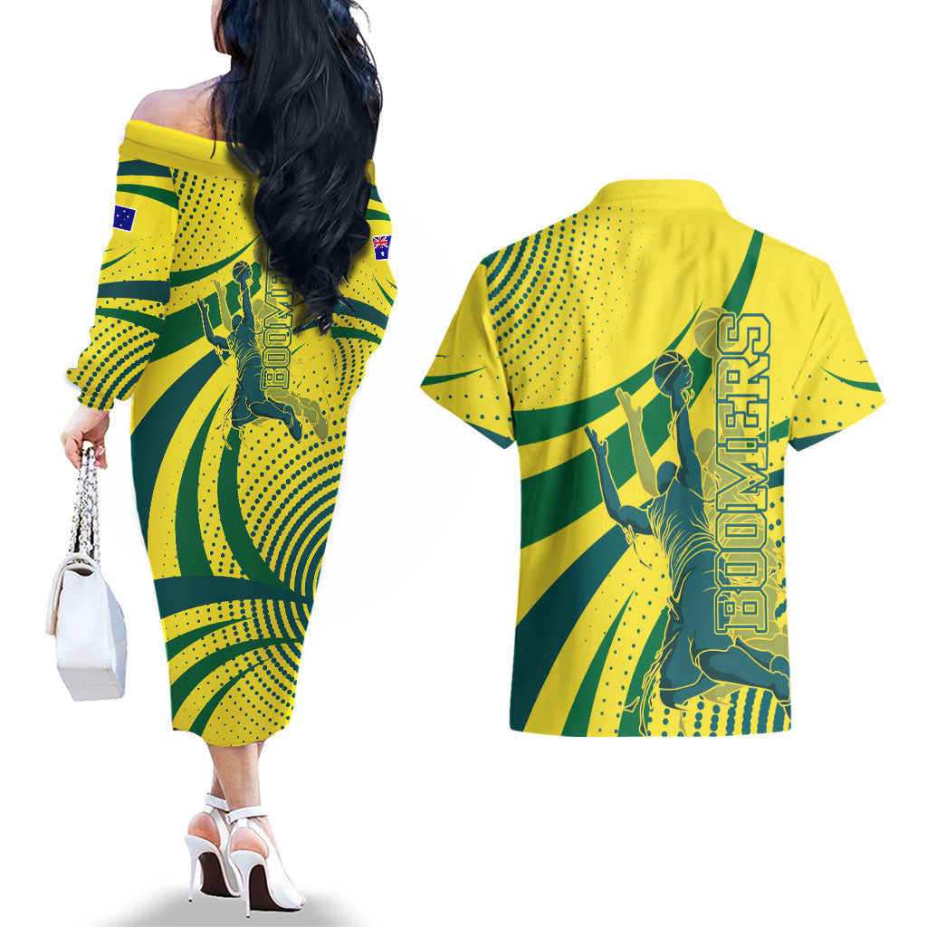 Australian Boomers Basketball Couples Matching Off The Shoulder Long Sleeve Dress and Hawaiian Shirt Abstract Wave Halftone Pattern With Dynamic Athlete Silhouette