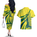 Australian Boomers Basketball Couples Matching Off The Shoulder Long Sleeve Dress and Hawaiian Shirt Abstract Wave Halftone Pattern With Dynamic Athlete Silhouette