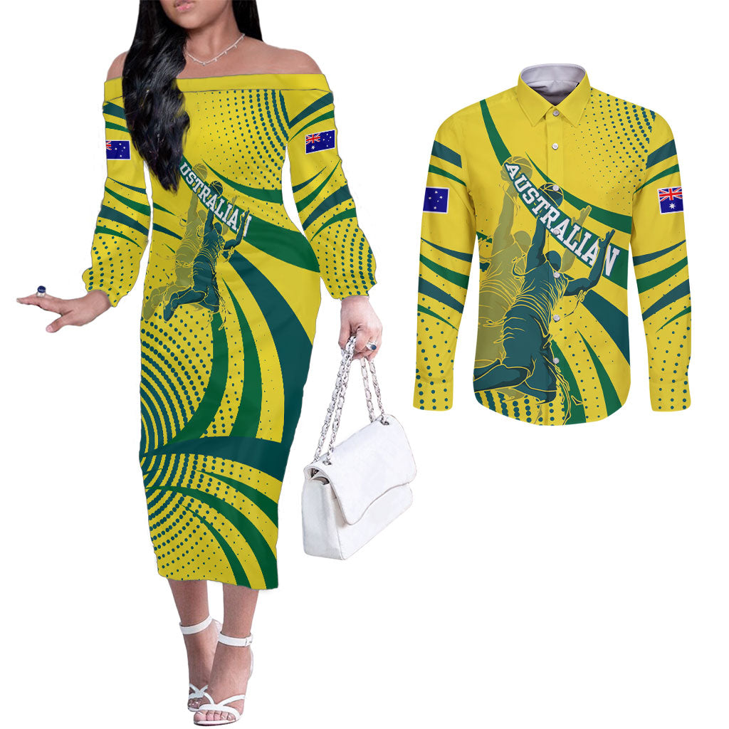 Australian Boomers Basketball Couples Matching Off The Shoulder Long Sleeve Dress and Long Sleeve Button Shirt Abstract Wave Halftone Pattern With Dynamic Athlete Silhouette