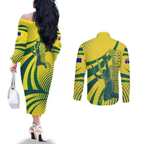 Australian Boomers Basketball Couples Matching Off The Shoulder Long Sleeve Dress and Long Sleeve Button Shirt Abstract Wave Halftone Pattern With Dynamic Athlete Silhouette