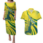 Australian Boomers Basketball Couples Matching Puletasi and Hawaiian Shirt Abstract Wave Halftone Pattern With Dynamic Athlete Silhouette