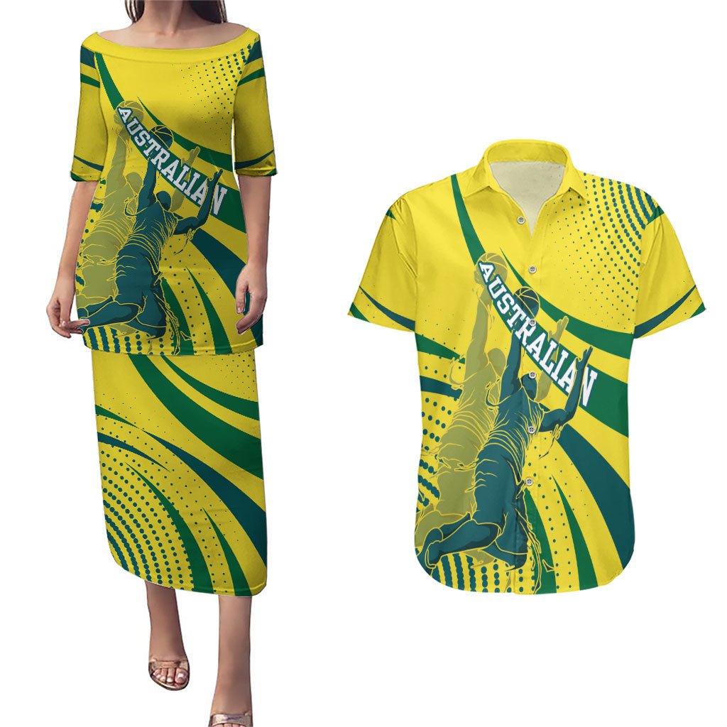 Australian Boomers Basketball Couples Matching Puletasi and Hawaiian Shirt Abstract Wave Halftone Pattern With Dynamic Athlete Silhouette