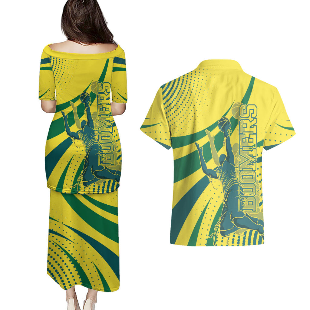 Australian Boomers Basketball Couples Matching Puletasi and Hawaiian Shirt Abstract Wave Halftone Pattern With Dynamic Athlete Silhouette