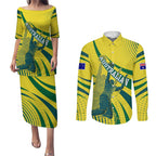 Australian Boomers Basketball Couples Matching Puletasi and Long Sleeve Button Shirt Abstract Wave Halftone Pattern With Dynamic Athlete Silhouette