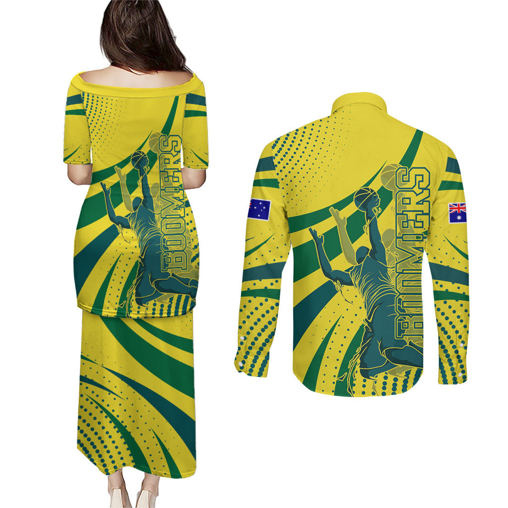 Australian Boomers Basketball Couples Matching Puletasi and Long Sleeve Button Shirt Abstract Wave Halftone Pattern With Dynamic Athlete Silhouette