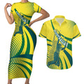 Australian Boomers Basketball Couples Matching Short Sleeve Bodycon Dress and Hawaiian Shirt Abstract Wave Halftone Pattern With Dynamic Athlete Silhouette