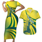 Australian Boomers Basketball Couples Matching Short Sleeve Bodycon Dress and Hawaiian Shirt Abstract Wave Halftone Pattern With Dynamic Athlete Silhouette