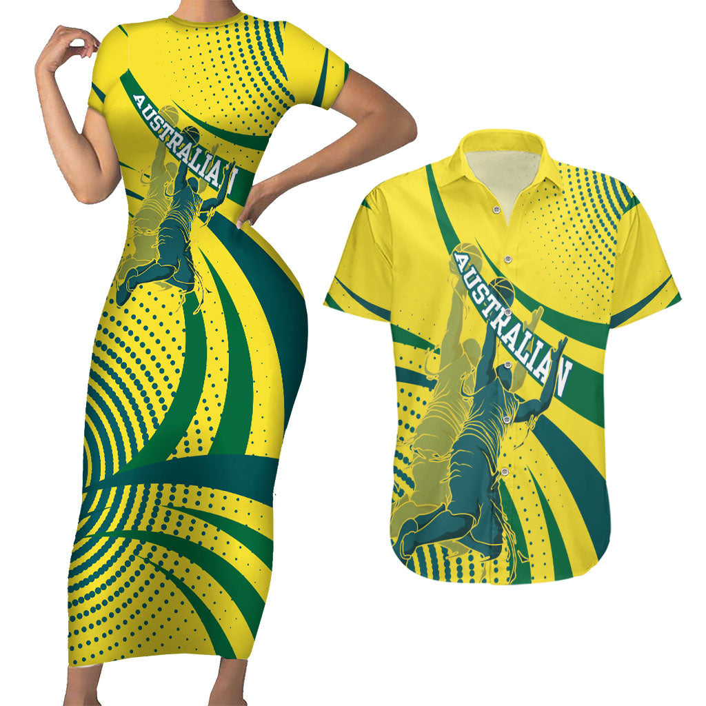 Australian Boomers Basketball Couples Matching Short Sleeve Bodycon Dress and Hawaiian Shirt Abstract Wave Halftone Pattern With Dynamic Athlete Silhouette
