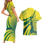 Australian Boomers Basketball Couples Matching Short Sleeve Bodycon Dress and Hawaiian Shirt Abstract Wave Halftone Pattern With Dynamic Athlete Silhouette