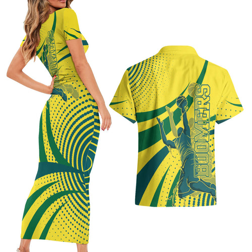 Australian Boomers Basketball Couples Matching Short Sleeve Bodycon Dress and Hawaiian Shirt Abstract Wave Halftone Pattern With Dynamic Athlete Silhouette
