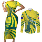 Australian Boomers Basketball Couples Matching Short Sleeve Bodycon Dress and Long Sleeve Button Shirt Abstract Wave Halftone Pattern With Dynamic Athlete Silhouette
