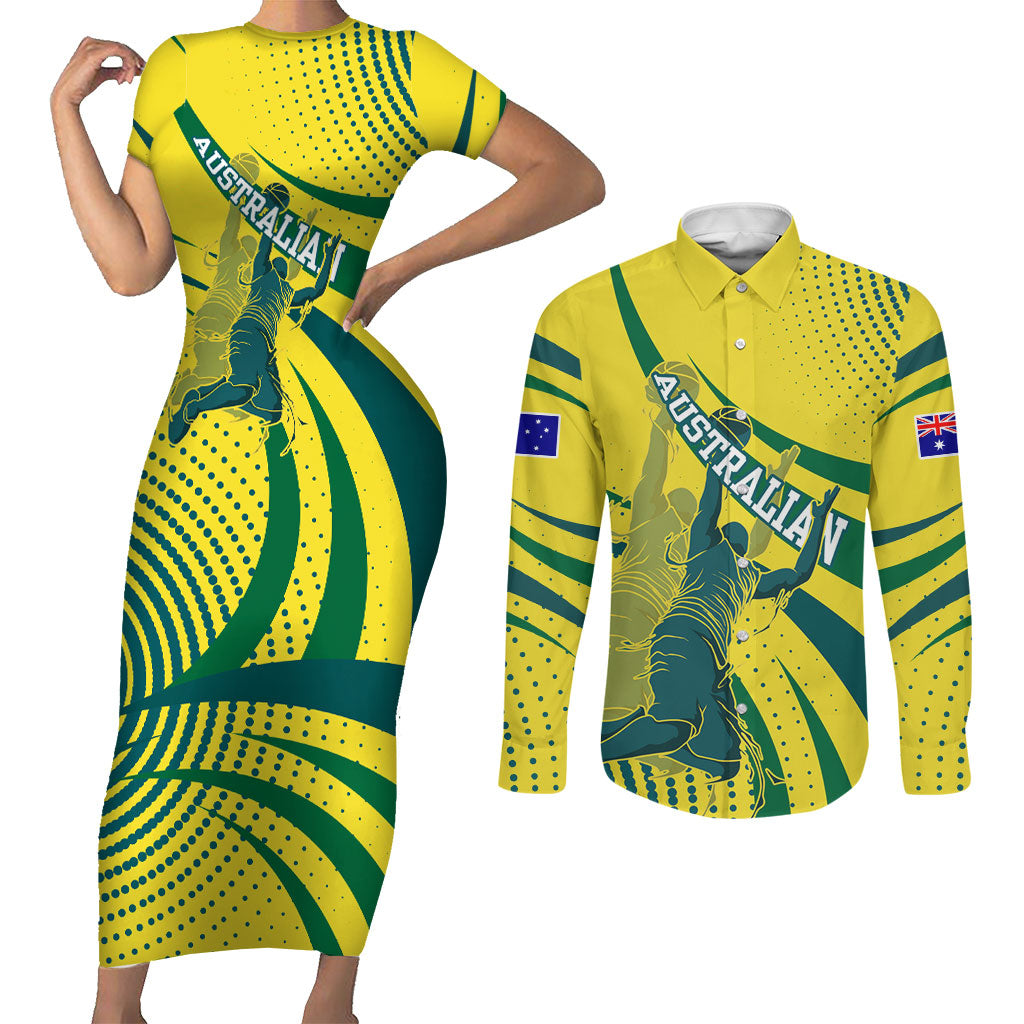 Australian Boomers Basketball Couples Matching Short Sleeve Bodycon Dress and Long Sleeve Button Shirt Abstract Wave Halftone Pattern With Dynamic Athlete Silhouette