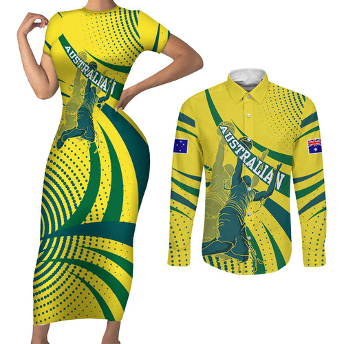Australian Boomers Basketball Couples Matching Short Sleeve Bodycon Dress and Long Sleeve Button Shirt Abstract Wave Halftone Pattern With Dynamic Athlete Silhouette