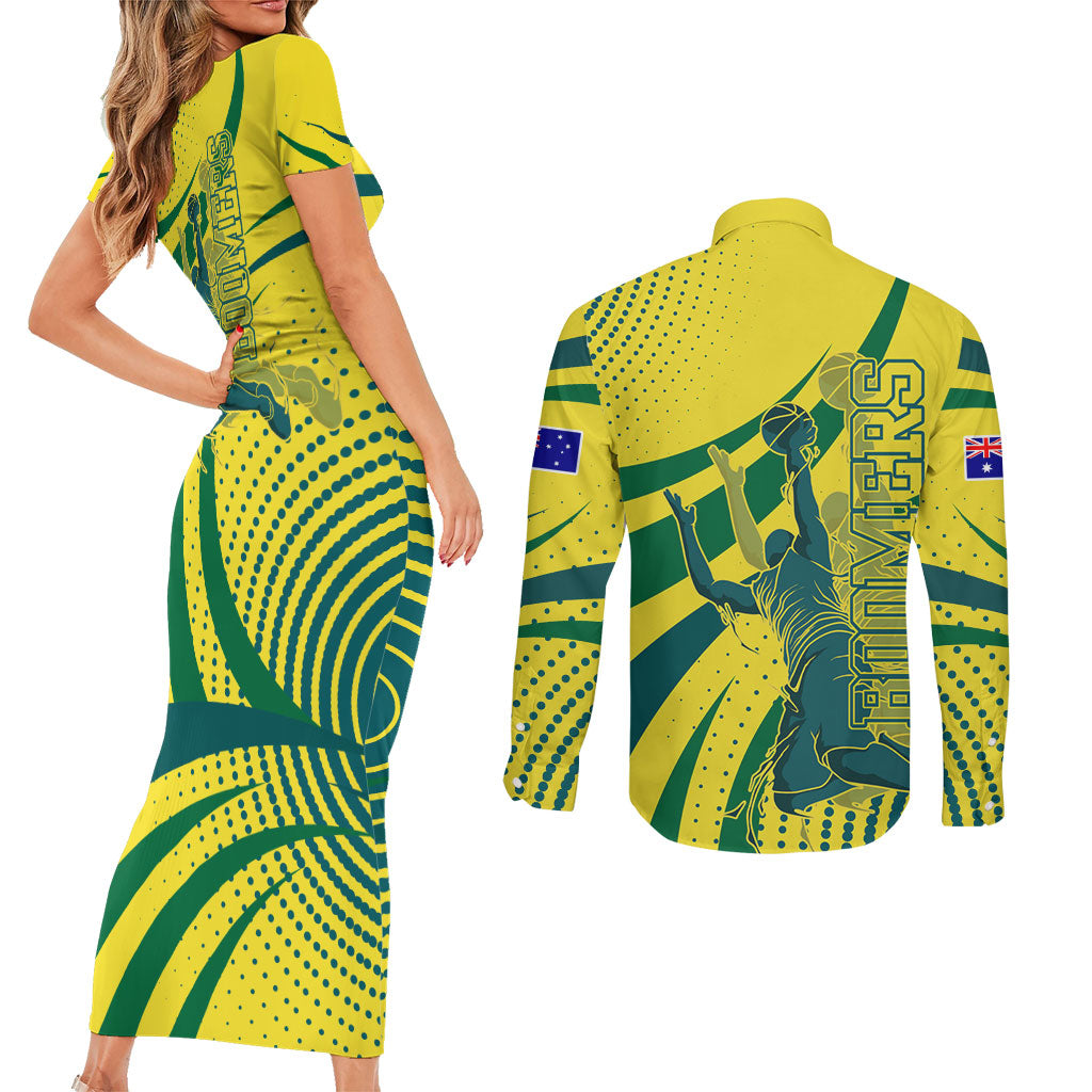 Australian Boomers Basketball Couples Matching Short Sleeve Bodycon Dress and Long Sleeve Button Shirt Abstract Wave Halftone Pattern With Dynamic Athlete Silhouette